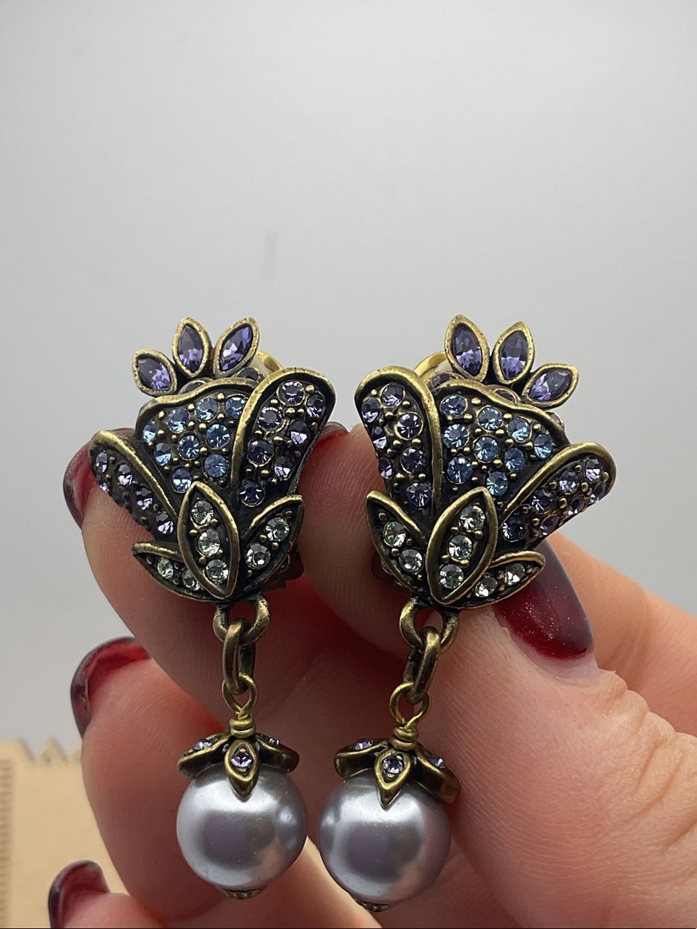 Heidi Daus Bronzetone Purple Crystal Faux Pearl Drop Clip On Earrings